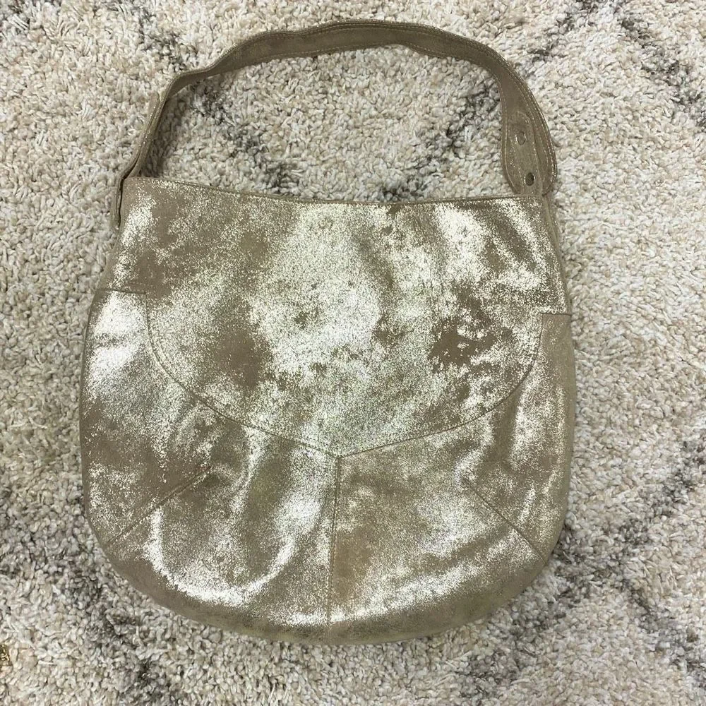 Cofi Genuine Leather Brushed Gold Metallic Hobo Shoulder Bag